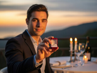 Fototapeta premium Man proposes with diamond ring at romantic sunset dinner overlooking mountains