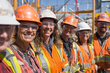 Portrait of a smiling group of male and female construction workers wearing safety helmets, vests, and glasses on a sunny building site, focusing on female inclusion.