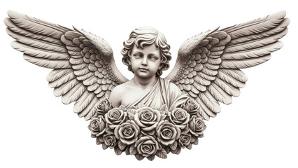 Obraz premium Angel Winged Cherub Among Roses on a Transparent PNG Image