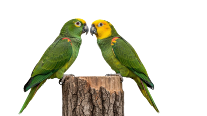 Pair of Green Parrots Perched on Log on Transparent PNG