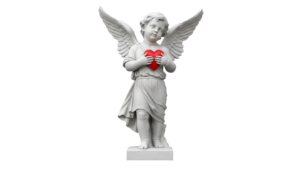 Cherub Statue Holding a Red Heart on a Transparent Background PNG