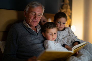 Obraz premium A joyful family scene features a grandfather reading to two children, capturing the warmth and love of storytelling in a cozy and inviting atmosphere.