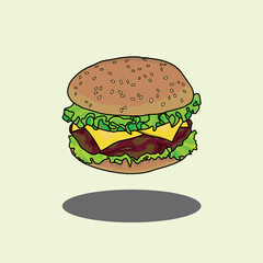Cheeseburger Illustration with Lettuce and Sesame Bun