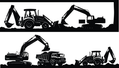 Construction machinery silhouettes with excavator backhoe loader and dump truck working on site isolated on white background vector illustration © Sihab Creatives