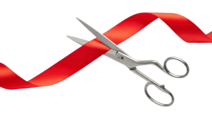 Scissors Cutting a Red Ribbon on a Transparent Background PNG File