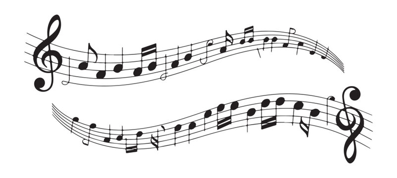 Wavy musical staves with various notes and clef vector illustration on white background