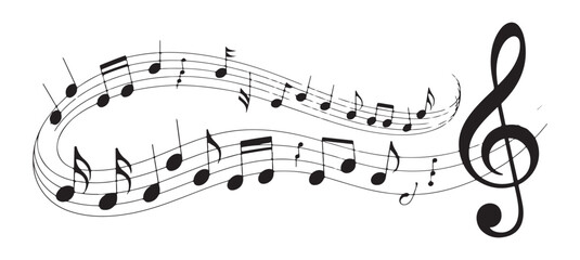 musical notes and symbols with a treble clef flowing across two staffs creative composition