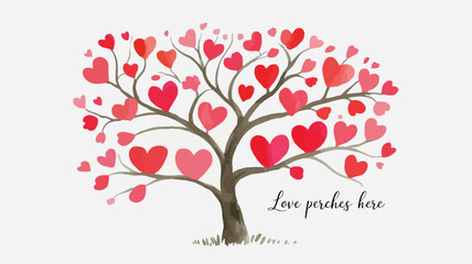 A leafless tree with many red hearts on branches and love perches here message on white background