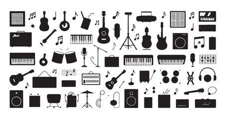 collection of silhouette icons representing various instruments and sound equipment