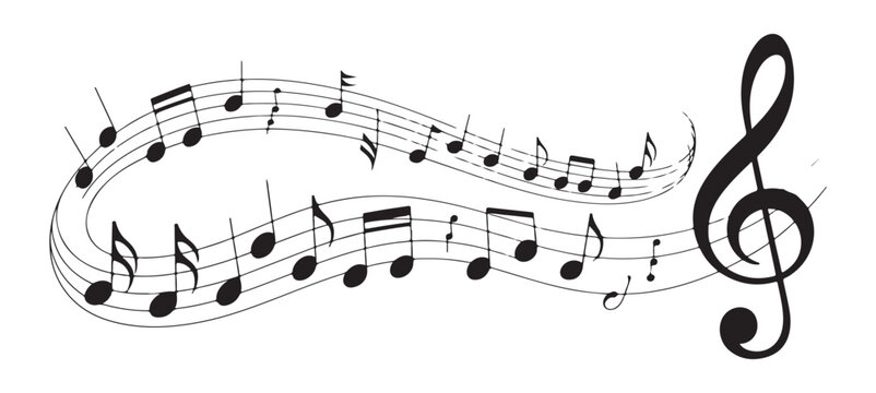 musical notes and symbols with a treble clef flowing across two staffs creative composition