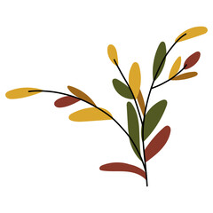 Autumn leaf drawing in warm orange and yellow tones, botanical sprigs and twigs rendered as handmade vector graphic artwork.