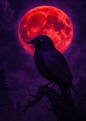 Raven on Tree Branch with Blood-Red Moon