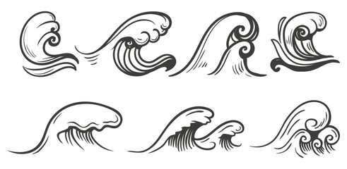 Abstract Ocean Wave Line Art Vector Set – Decorative Sea Swirl, Water Curl and Vintage Wave Illustration Collection. Iconic collection of stylized ocean waves in a traditional Japanese art style