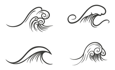 Abstract Ocean Wave Line Art Vector Set – Decorative Sea Swirl, Water Curl and Vintage Wave Illustration Collection. Iconic collection of stylized ocean waves in a traditional Japanese art style