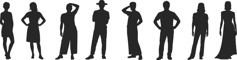 Diverse people silhouettes standing confidently in different poses isolated on light background studio