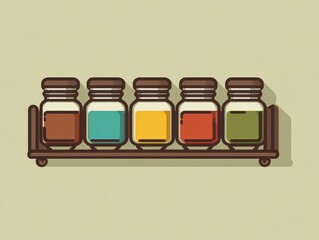 Cartoon illustration featuring five small glass jars with different colored liquids on a wooden shelf, a light brown background