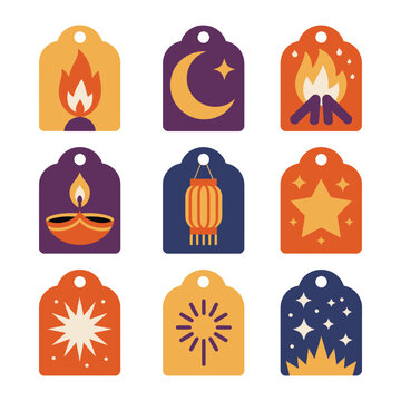 Decorative festival gift tag icon collection with fire moon lantern star night celebration flat vector illustration set
