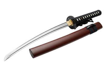 A japanese katana sword with its scabbard, isolated on a transparent background