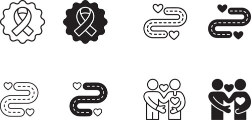 Creative vector icon set illustrating awareness ribbons love journeys romantic paths and couple affection and support
