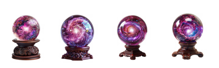 Four decorative crystal balls displaying vibrant galaxy swirls sit on ornate wooden stands on transparent background