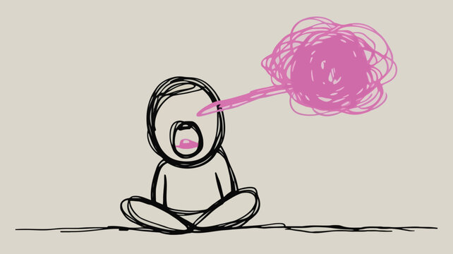 A minimalistic sketch style drawing of a person sitting cross legged with a pink scribble emerging from their open mouth