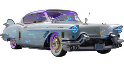 A futuristic glowing vintage car with neon lights and chrome details isolated on transparent background