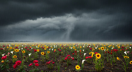 Rainstorm over flower field with roses and sunflowers