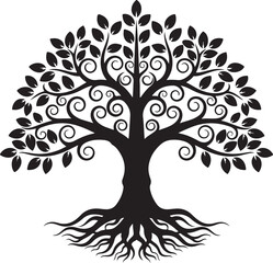 Fototapeta premium Tree of Life with Roots – Black Silhouette Nature Symbol Illustration.
