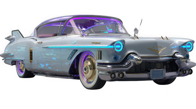 A futuristic glowing vintage car with neon lights and chrome details isolated on transparent background