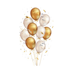 Golden and white balloons with falling confetti isolated on transparent background © MARUF Ahmed