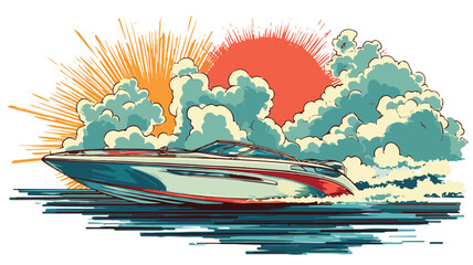 Speedboat Racing on Water with Cloudscape Background