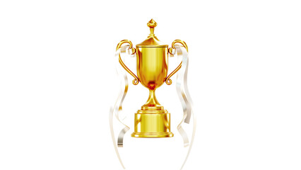 golden trophy cup with ribbon 3D rendering