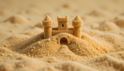 Macro shot of a simple sand mound shaped into a tiny castle.