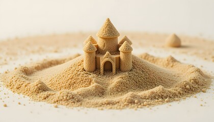 Macro shot of a simple sand mound shaped into a tiny castle.