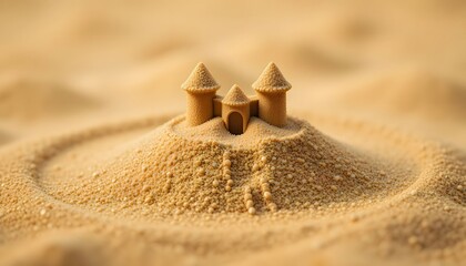 Macro shot of a simple sand mound shaped into a tiny castle.