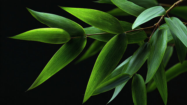 Elegant bamboo leaves gracefully displayed against a dark background, showcasing natural beauty