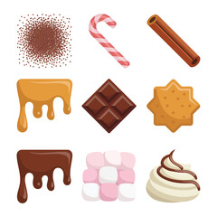 Festive cocoa topping and dessert decoration icon set with caramel chocolate candy cane marshmallow flat vector illustration