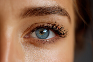 Obraz premium An intimate close-up showcasing a mesmerizing blue eye adorned with long, lush eyelashes, highlighting the detail and beauty inherent in human features and expressions.