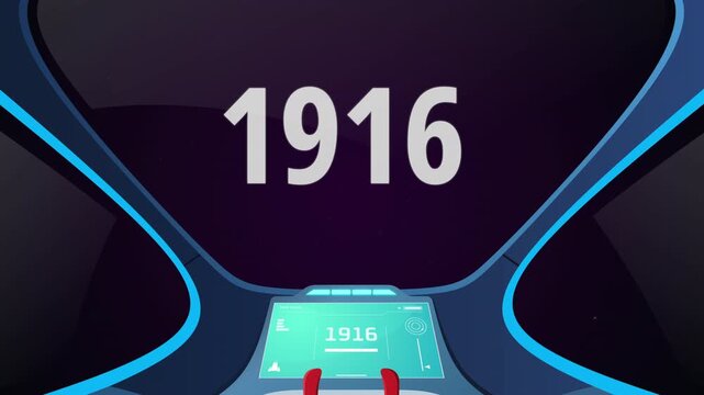 Time travel cockpit with futuristic animation jump to the year 1916. Ideal for content creators, tech presentations, future concepts, and cinematic video projects.