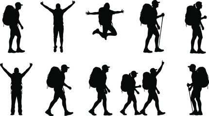 Obraz premium Hiker silhouettes collection showing backpackers walking jumping celebrating adventure travel and outdoor exploration isolated on white background vector illustration