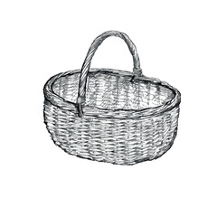 A basket illustration hand drawn and vectorised. Greyscale illustration.