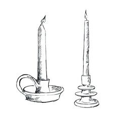 Two tapered candles with candlestick holders. Hand drawn in black line.