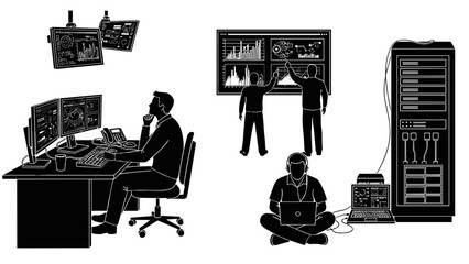 Team of it professionals working with servers, data monitoring, and multiple screens in a control room setting