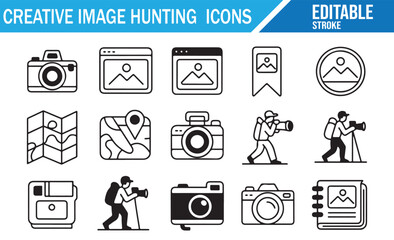 Vector line illustrations of a photographer's journey and equipment.
