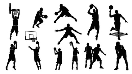 Dynamic set of basketball player action silhouettes for sports design
