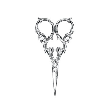 A vectorised pair of scissors in a decorative antique style. Hand drawn in greyscale.