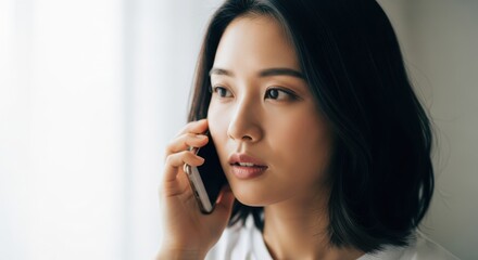 Young asian woman looking thoughtful while talking on a mobile phone near a window