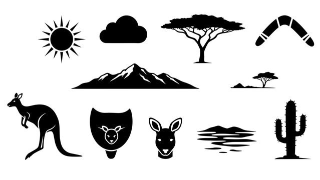 Collection of australian themed icons and silhouettes kangaroo, boomerang, outback trees, cactus, sun, mountain