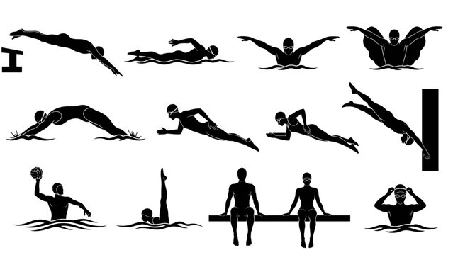 Collection of silhouettes representing various swimming and water polo activities
