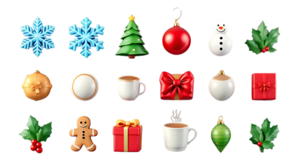 Christmas holiday icons set featuring snowflakes ornaments tree snowman holly gifts and coffee mugs